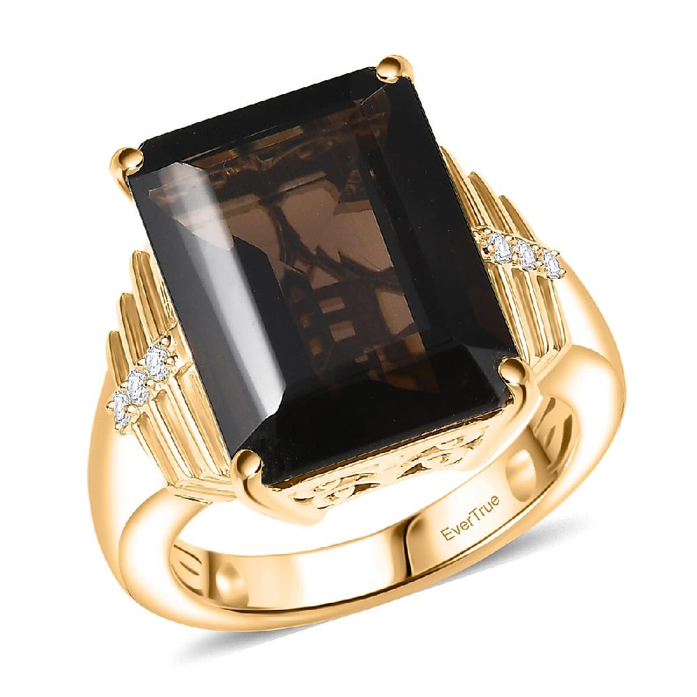EverTrue Smoky Quartz and White Zircon 11.15 ctw Ring in 18K Yellow Gold Plated