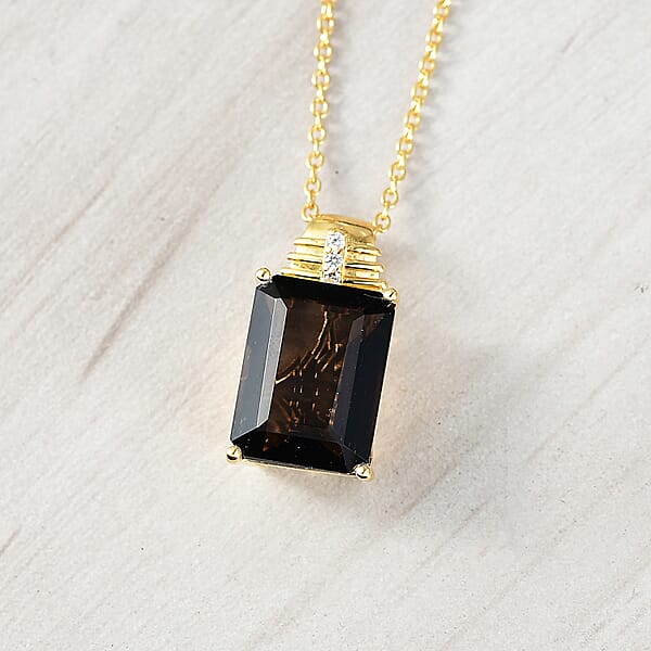 EverTrue Smoky Quartz And White Zircon 11.75 Ctw Pendant In 18K YG Plated With ION Plated YG Stainless Steel Necklace 20 Inches