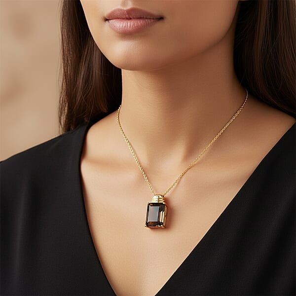 EverTrue Smoky Quartz And White Zircon 11.75 Ctw Pendant In 18K YG Plated With ION Plated YG Stainless Steel Necklace 20 Inches
