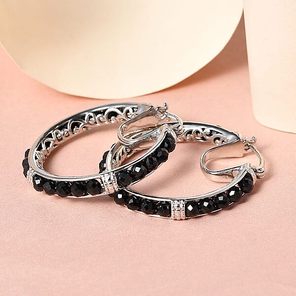 EverTrue Thai Black Spinel 15 Ctw Hoop Earrings In Platinum Bond