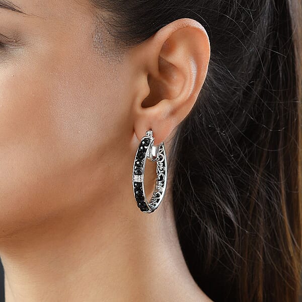 EverTrue Thai Black Spinel 15 Ctw Hoop Earrings In Platinum Bond