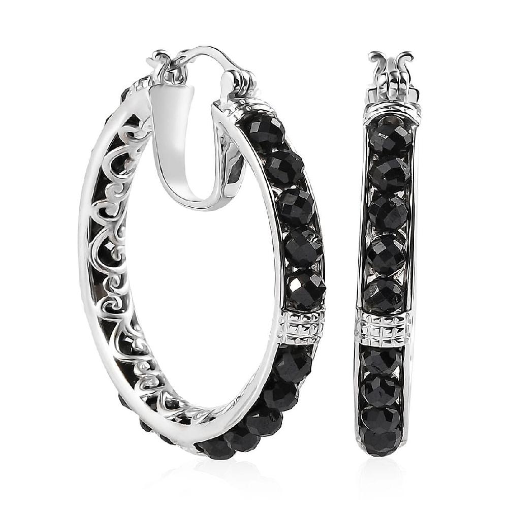 EverTrue Thai Black Spinel 15 ctw Hoop Earrings in Platinum Bond