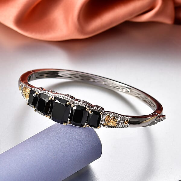EverTrue Thai Black Spinel 19.15 Ctw Floral Vines Bangle Bracelet In 18K YG Plated And Platinum Bond (6.50 In) (Del. In 7-10 Days)