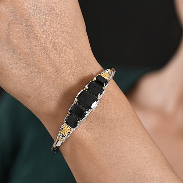EverTrue Thai Black Spinel 19.15 Ctw Floral Vines Bangle Bracelet In 18K YG Plated And Platinum Bond (6.50 In) (Del. In 7-10 Days)