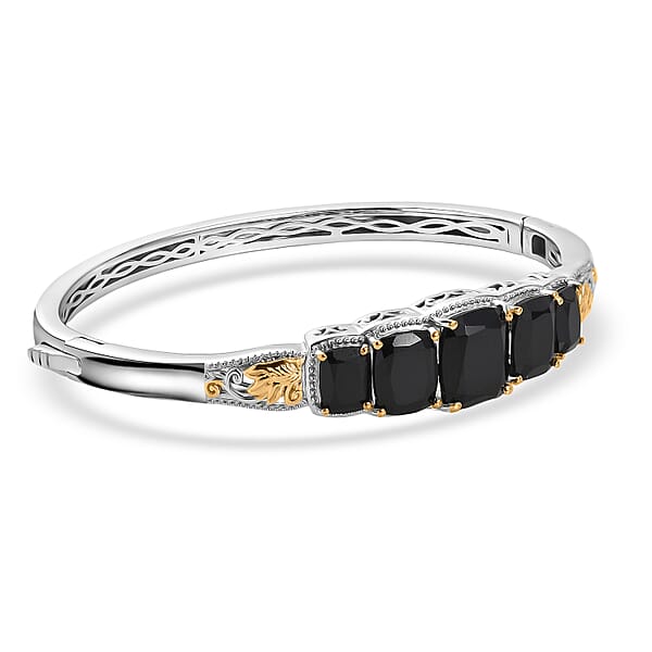 EverTrue Thai Black Spinel 19.15 Ctw Floral Vines Bangle Bracelet In 18K YG Plated And Platinum Bond (6.50 In) (Del. In 7-10 Days)