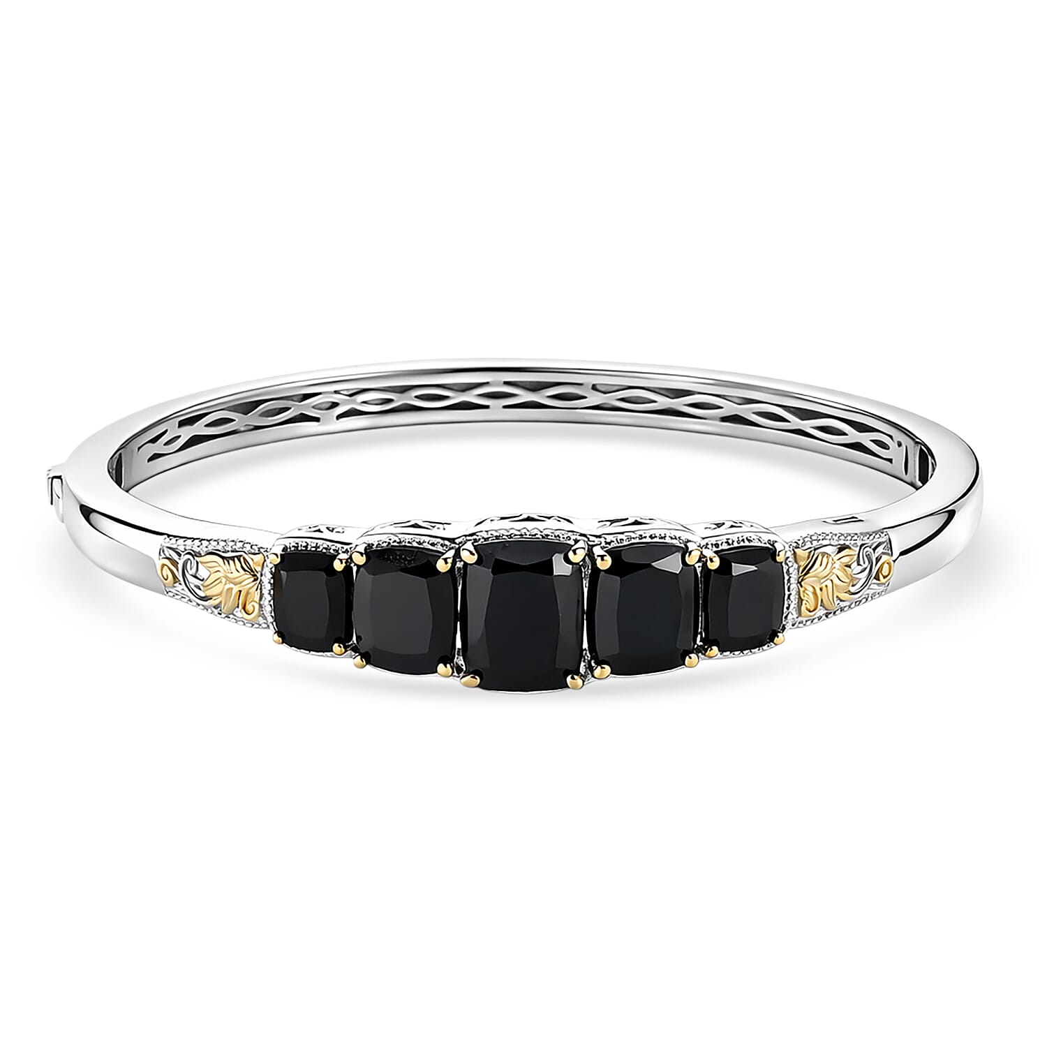 EverTrue Thai Black Spinel 19.15 ctw Floral Vines Bangle Bracelet in 18K YG Plated and Platinum Bond (6.50 In) (Del. in 7-10 Days)