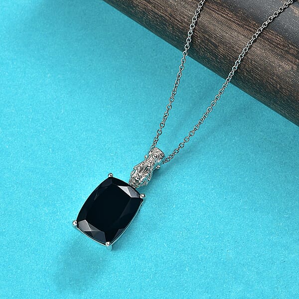 EverTrue Thai Black Spinel 22.70 Ctw Pendant In Platinum Bond With Stainless Steel Necklace 20 Inches