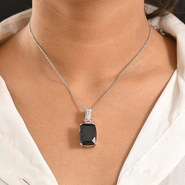EverTrue Thai Black Spinel 22.70 Ctw Pendant In Platinum Bond With Stainless Steel Necklace 20 Inches
