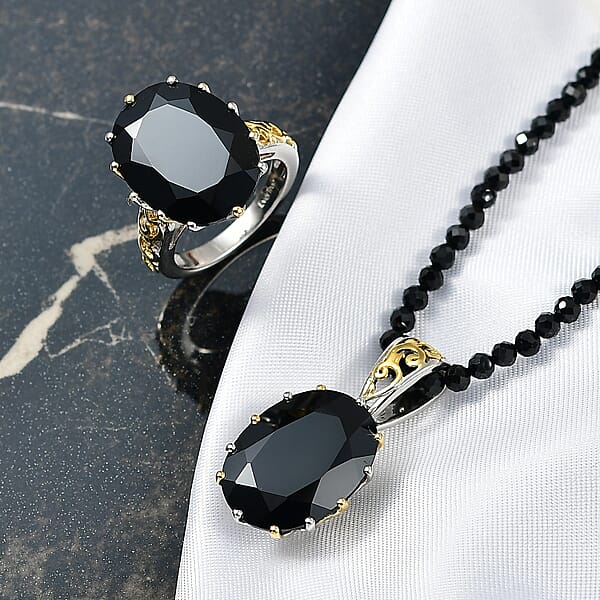 EverTrue Thai Black Spinel 78.90 Ctw Ring And Pendant With Beaded Necklace 20 Inches In 18K YG Plated And Platinum Bond