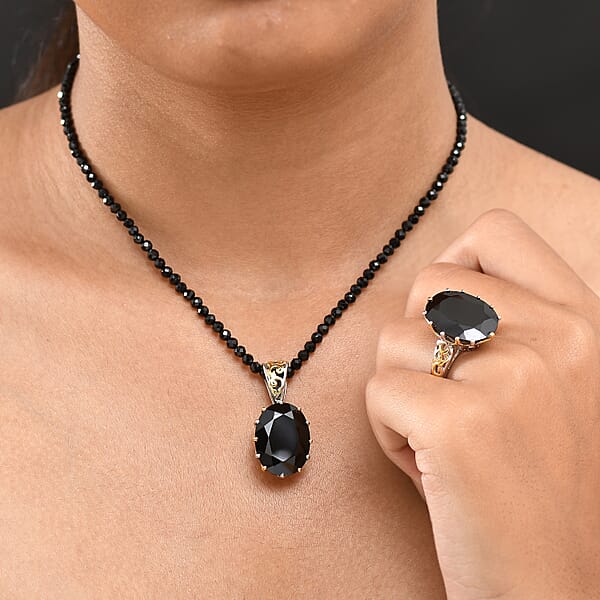 EverTrue Thai Black Spinel 78.90 Ctw Ring And Pendant With Beaded Necklace 20 Inches In 18K YG Plated And Platinum Bond
