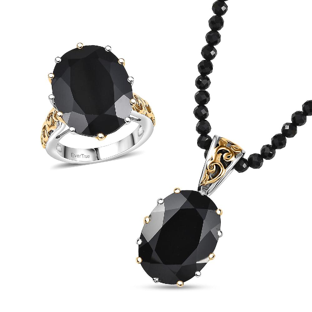 EverTrue Thai Black Spinel 78.90 ctw Ring and Pendant with Beaded Necklace 20 Inches in 18K YG Plated and Platinum Bond