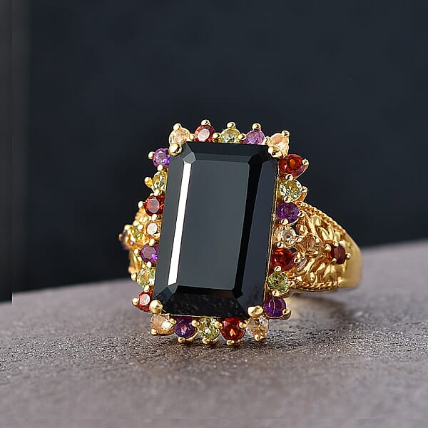 EverTrue Thai Black Spinel And Multi Gemstone 11.50 Ctw Night Bloom Ring In 18K YG Plated (Del. In 7-10 Days)