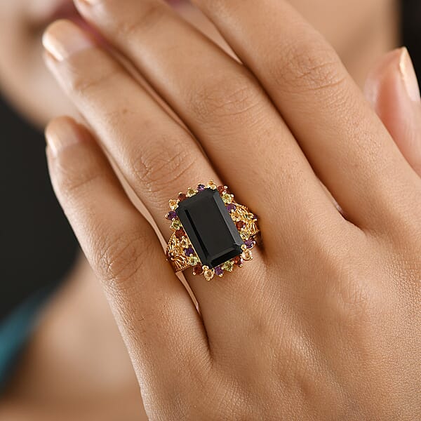 EverTrue Thai Black Spinel And Multi Gemstone 11.50 Ctw Night Bloom Ring In 18K YG Plated (Del. In 7-10 Days)
