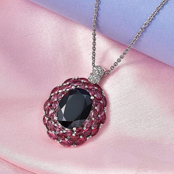 EverTrue Thai Black Spinel And Multi Gemstone 16.40 Ctw Eclipse Majesty Pendant In Platinum Bond With Stainless Steel Necklace (20 Inches) (Del. In 7-10 Days)