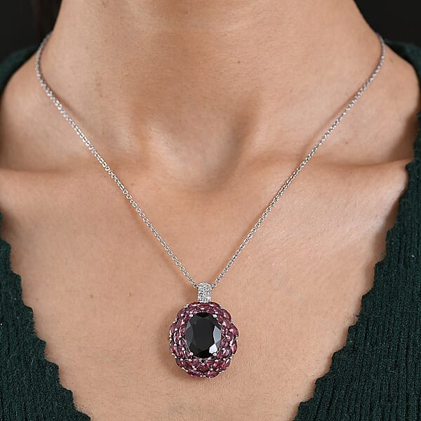 EverTrue Thai Black Spinel And Multi Gemstone 16.40 Ctw Eclipse Majesty Pendant In Platinum Bond With Stainless Steel Necklace (20 Inches) (Del. In 7-10 Days)