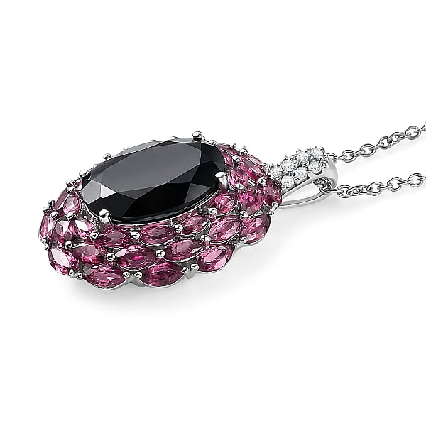EverTrue Thai Black Spinel And Multi Gemstone 16.40 Ctw Eclipse Majesty Pendant In Platinum Bond With Stainless Steel Necklace (20 Inches) (Del. In 7-10 Days)