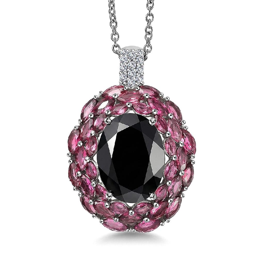 EverTrue Thai Black Spinel and Multi Gemstone 16.40 ctw Eclipse Majesty Pendant in Platinum Bond with Stainless Steel Necklace (20 Inches) (Del. in 7-10 Days)