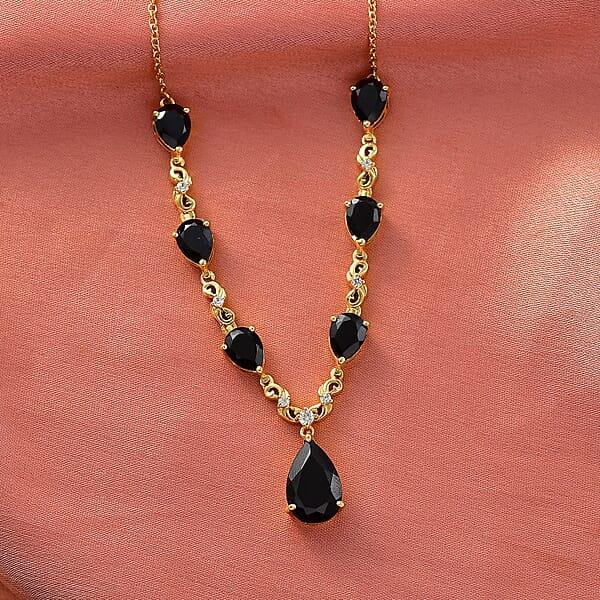 EverTrue Thai Black Spinel And White Zircon 14.35 Ctw Midnight Pear Necklace In 18K YG Plated 18-20 Inches