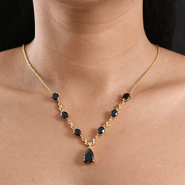 EverTrue Thai Black Spinel And White Zircon 14.35 Ctw Midnight Pear Necklace In 18K YG Plated 18-20 Inches