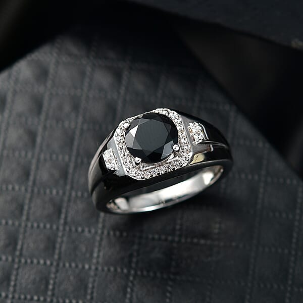 EverTrue Thai Black Spinel And White Zircon 2.70 Ctw Men's Ring In Platinum Bond