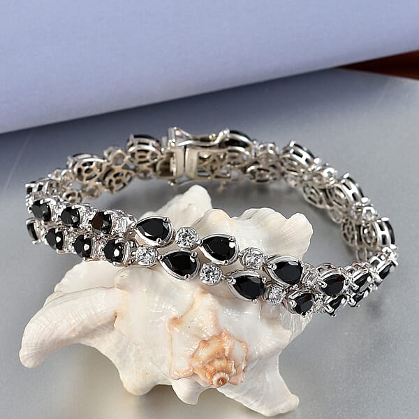 EverTrue Thai Black Spinel And White Zircon 20.30 Ctw 2 Row Forest Dewdrop Bracelet In Platinum Bond (7.25 In) (Del. In 7-10 Days)