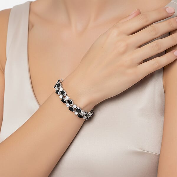 EverTrue Thai Black Spinel And White Zircon 20.30 Ctw 2 Row Forest Dewdrop Bracelet In Platinum Bond (7.25 In) (Del. In 7-10 Days)