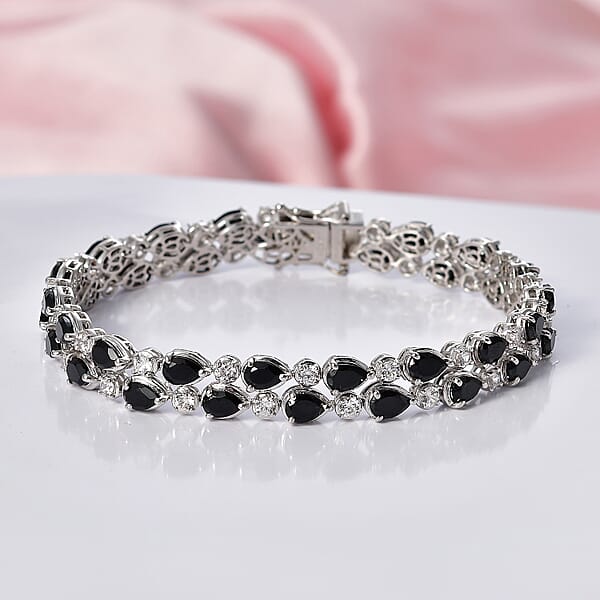 EverTrue Thai Black Spinel And White Zircon 22.90 Ctw 2 Row Forest Dewdrop Bracelet In Platinum Bond (8.00 In) (Del. In 7-10 Days)