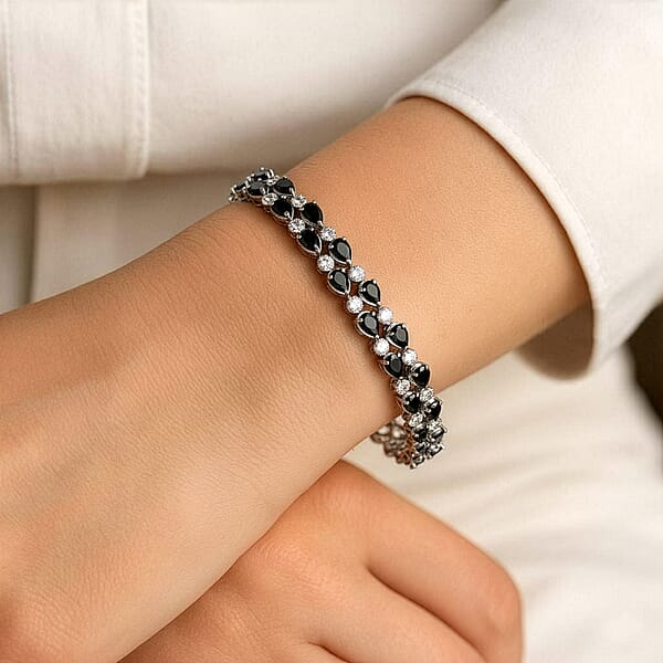 EverTrue Thai Black Spinel And White Zircon 22.90 Ctw 2 Row Forest Dewdrop Bracelet In Platinum Bond (8.00 In) (Del. In 7-10 Days)