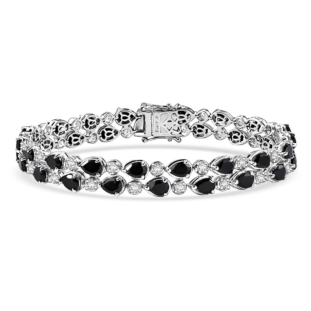 EverTrue Thai Black Spinel and White Zircon 22.90 ctw 2 Row Forest Dewdrop Bracelet in Platinum Bond (8.00 In) (Del. in 7-10 Days)