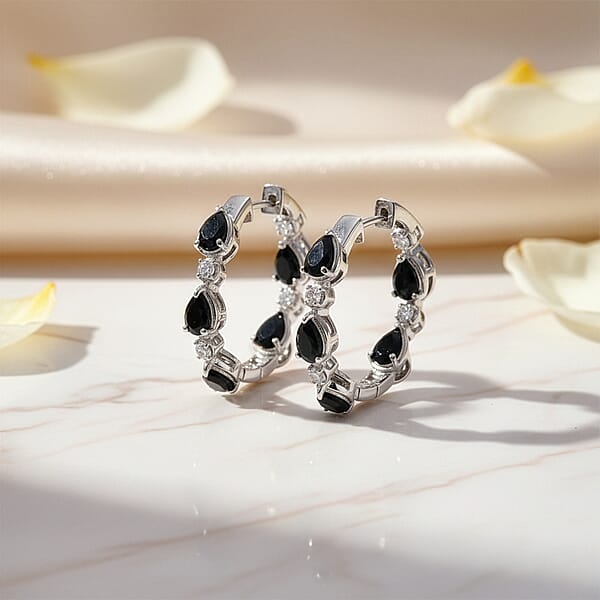 EverTrue Thai Black Spinel And White Zircon 6.00 Ctw Forest Dewdrop Hoop Earrings In Platinum Bond (Del. In 7-10 Days)