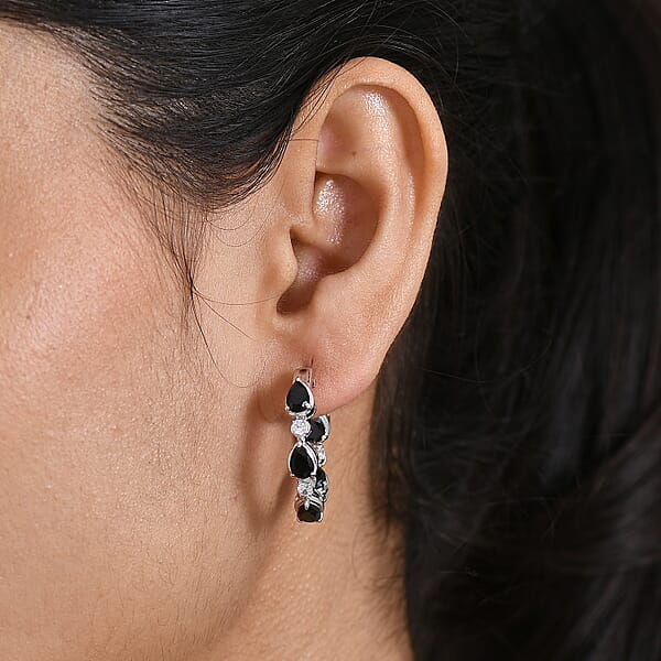 EverTrue Thai Black Spinel And White Zircon 6.00 Ctw Forest Dewdrop Hoop Earrings In Platinum Bond (Del. In 7-10 Days)