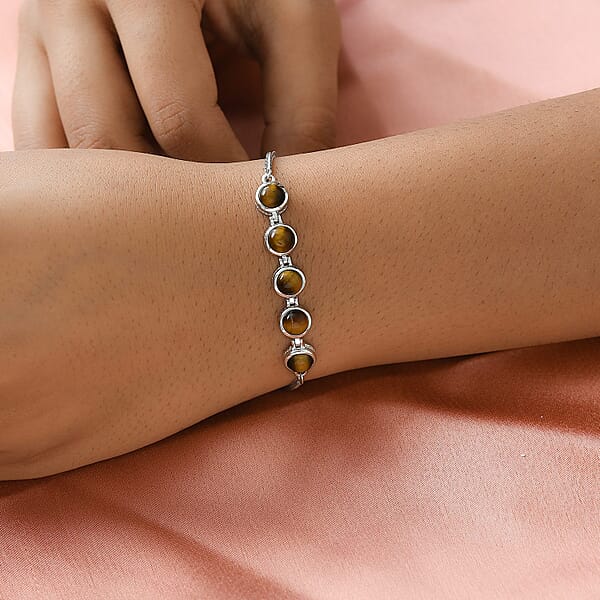 EverTrue Tiger's Eye 5.65 Ctw Bracelet In Platinum Bond Stainless Steel Adjustable Bolo Bracelet