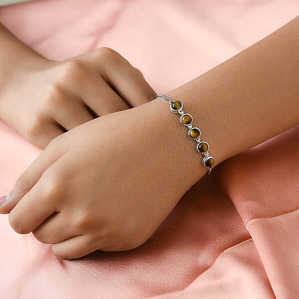 EverTrue Tiger's Eye 5.65 Ctw Bracelet In Platinum Bond Stainless Steel Adjustable Bolo Bracelet