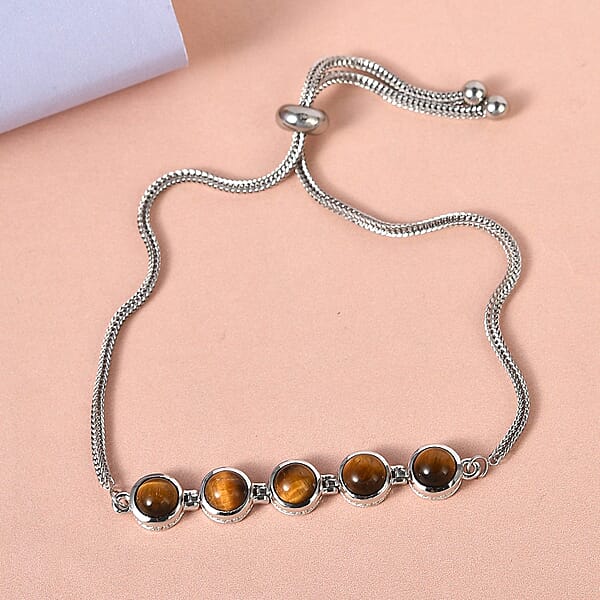 EverTrue Tiger's Eye 5.65 Ctw Bracelet In Platinum Bond Stainless Steel Adjustable Bolo Bracelet