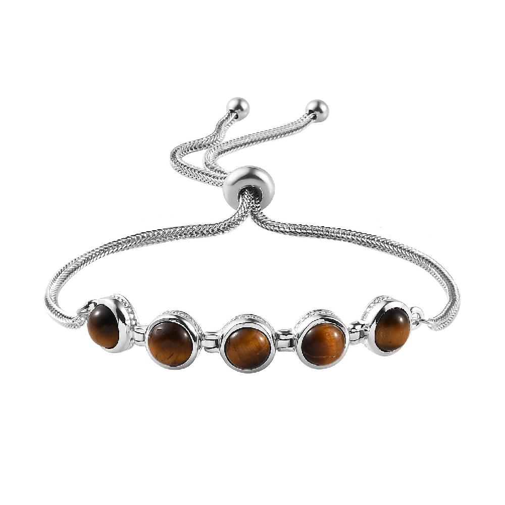 EverTrue Tiger's Eye 5.65 ctw Bracelet in Platinum Bond Stainless Steel Adjustable Bolo Bracelet
