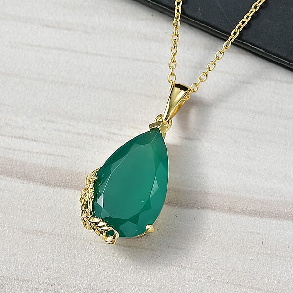 EverTrue Verde Onyx 11.65 Ctw Garden Drop Pendant In 18K YG Plated With ION Plated YG Stainless Steel Necklace 20 Inches