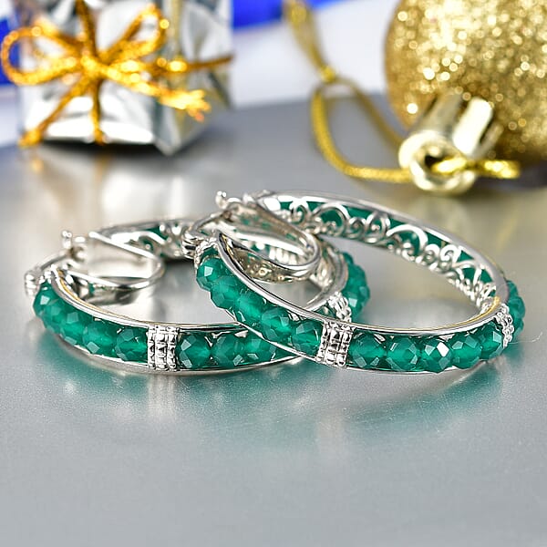 EverTrue Verde Onyx 14.90 Ctw Hoop Earrings In Platinum Bond