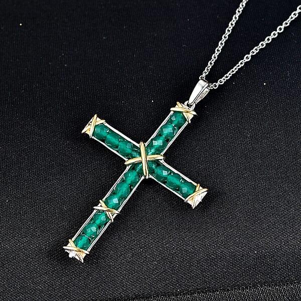 EverTrue Verde Onyx 7.50 Ctw XOXO Cross Pendant In 18K YG Plated And Platinum Bond With Stainless Steel Necklace 20 Inches