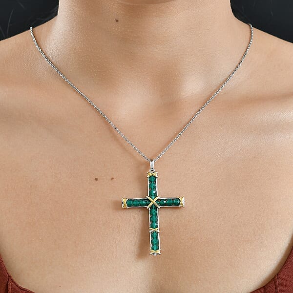 EverTrue Verde Onyx 7.50 Ctw XOXO Cross Pendant In 18K YG Plated And Platinum Bond With Stainless Steel Necklace 20 Inches