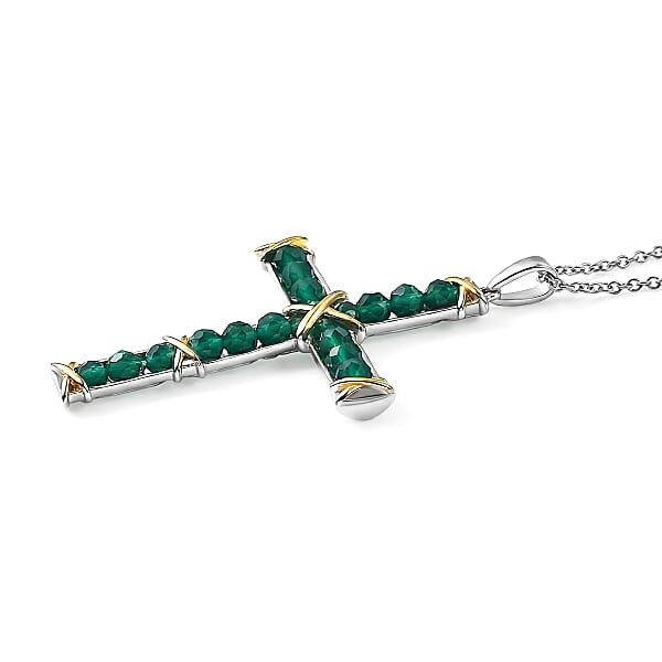EverTrue Verde Onyx 7.50 Ctw XOXO Cross Pendant In 18K YG Plated And Platinum Bond With Stainless Steel Necklace 20 Inches