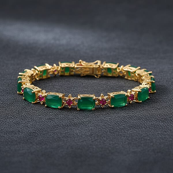 EverTrue Verde Onyx And Lab Created Ruby 19.20 Ctw Bloom Link Bracelet In 18K Yellow Gold Plated (7.25 In)