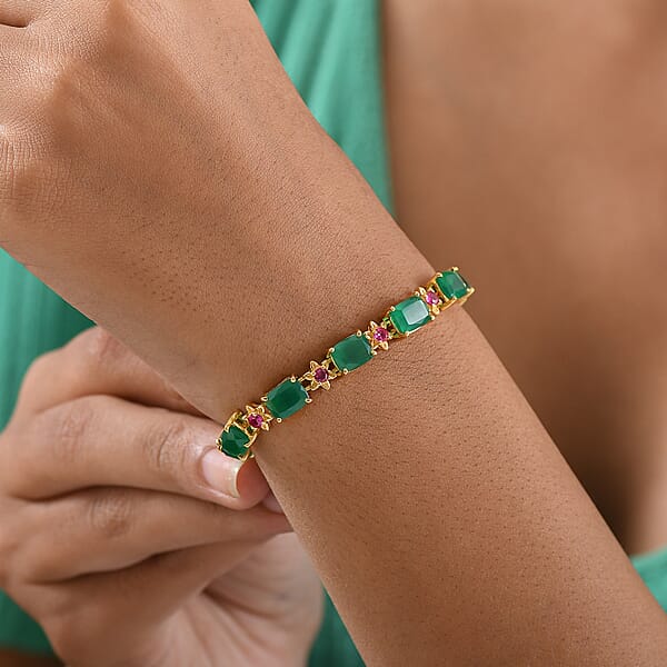 EverTrue Verde Onyx And Lab Created Ruby 19.20 Ctw Bloom Link Bracelet In 18K Yellow Gold Plated (7.25 In)