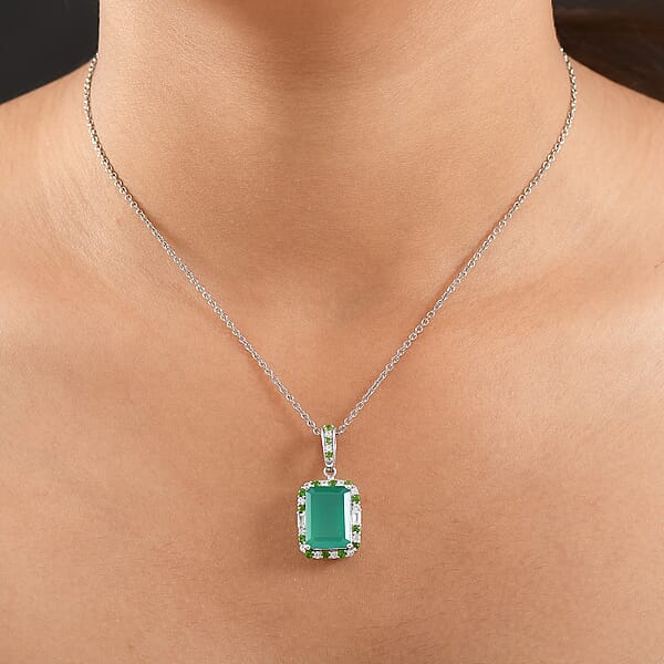 EverTrue Verde Onyx And Multi Gemstone 7.90 Ctw Garden Mosaic Pendant In Platinum Bond With Stainless Steel Necklace 20 Inches