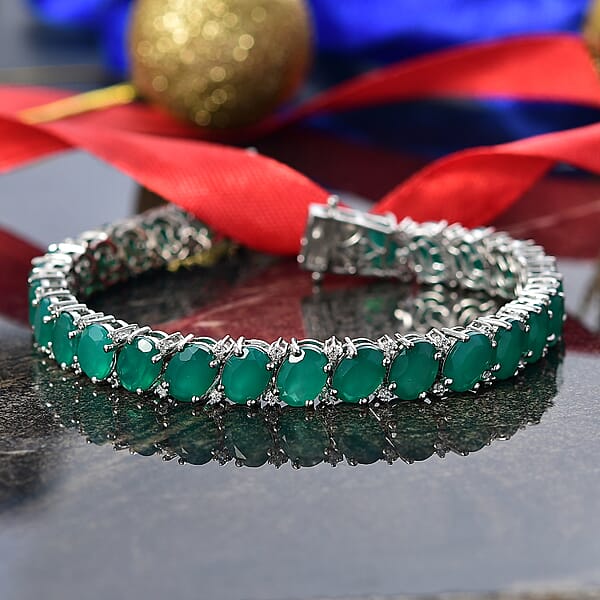 EverTrue Verde Onyx And White Zircon 37.60 Ctw Garland Of Leaves Bracelet In Platinum Bond (8.00 In)