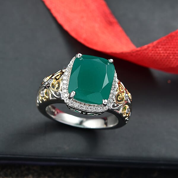 EverTrue Verde Onyx And White Zircon 5.40 Ctw Garden Vine Ring In 18K YG Plated And Platinum Bond