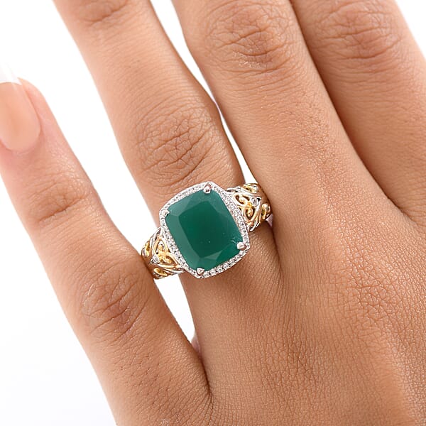 EverTrue Verde Onyx And White Zircon 5.40 Ctw Garden Vine Ring In 18K YG Plated And Platinum Bond