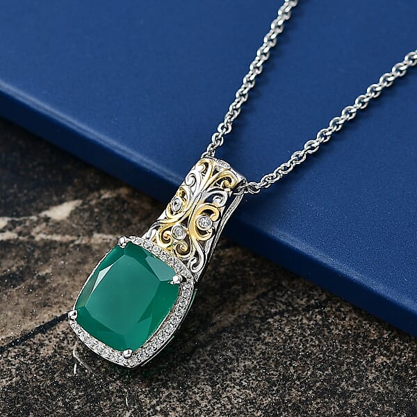 EverTrue Verde Onyx And White Zircon 5.40 Ctw Garden Vine Pendant In 18K YG Plated And Platinum Bond With Stainless Steel Necklace 20 Inches