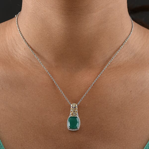 EverTrue Verde Onyx And White Zircon 5.40 Ctw Garden Vine Pendant In 18K YG Plated And Platinum Bond With Stainless Steel Necklace 20 Inches