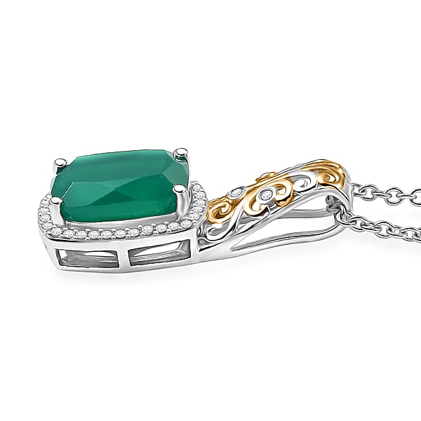 EverTrue Verde Onyx And White Zircon 5.40 Ctw Garden Vine Pendant In 18K YG Plated And Platinum Bond With Stainless Steel Necklace 20 Inches