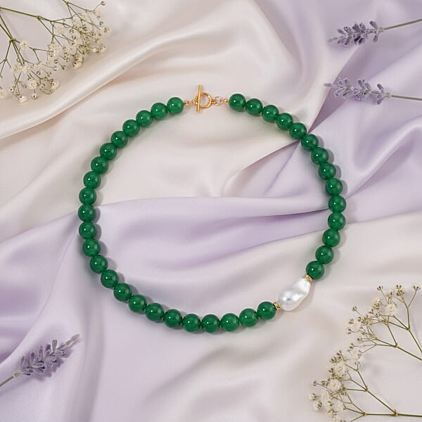 EverTrue Verde Onyx Baroque White Shell Pearl And Simulated Diamond 405.00 Ctw Necklace In ION Plated YG Stainless Steel 20 Inches